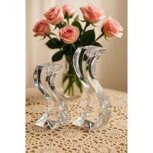 2 Mikasa Serpentine Crystal Candlestick Holders Curved Sleek Design 6.5” & 8.5”